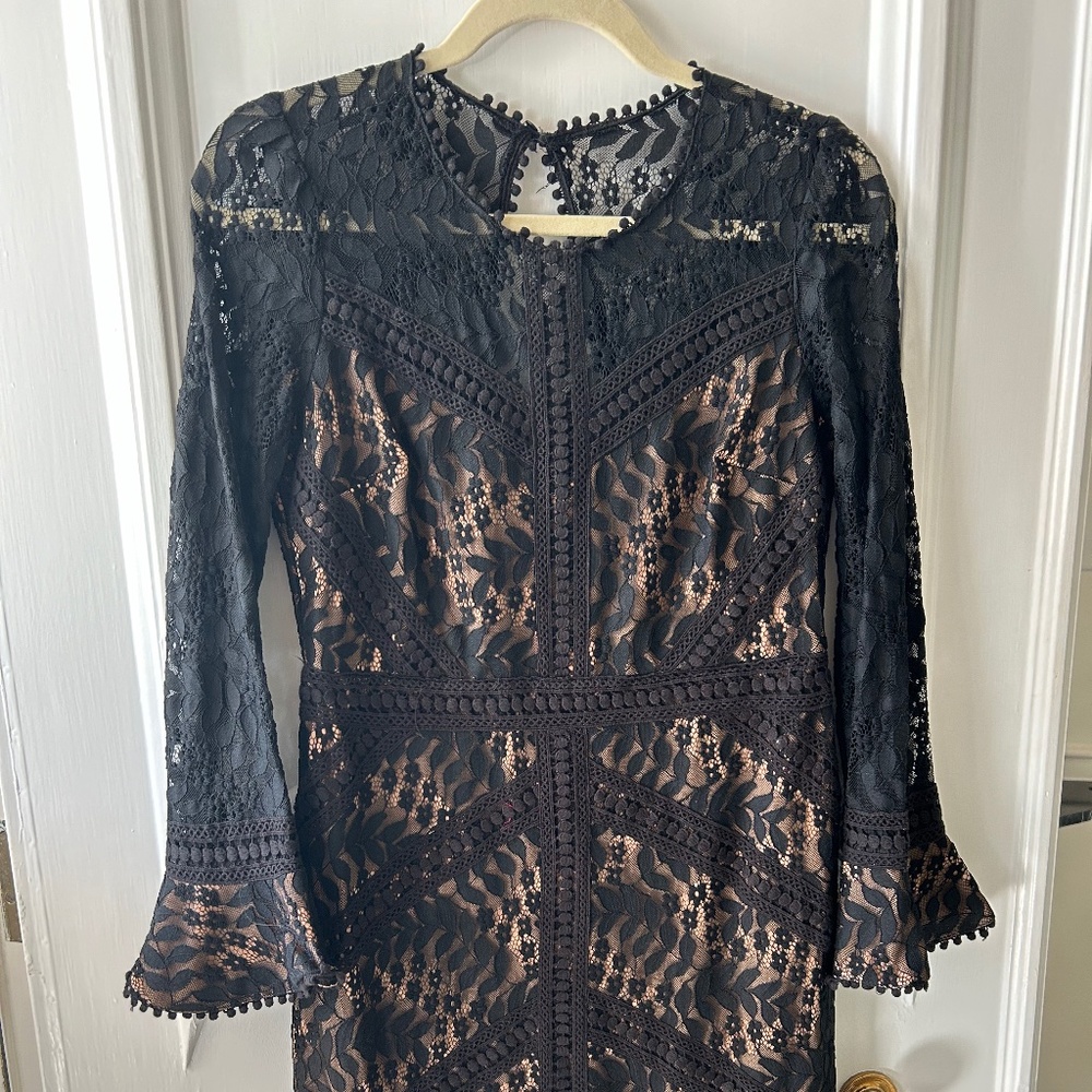 Fabrik cocktail dress, black lace with nude underlay, medium